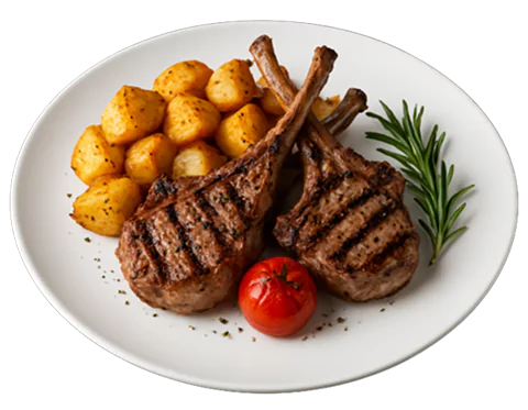 Grilled lamb chops served with roasted potatoes, a roasted cherry tomato, and a sprig of rosemary on a white plate.